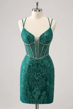 Brilhante Royal Blue Spaghetti Correias Corset Tight Homecoming Dress com Sequins