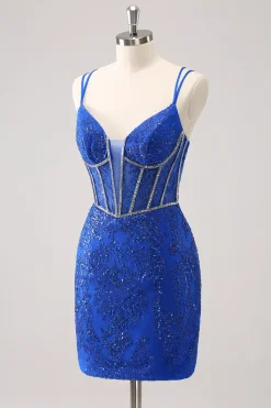 Brilhante Royal Blue Spaghetti Correias Corset Tight Homecoming Dress com Sequins