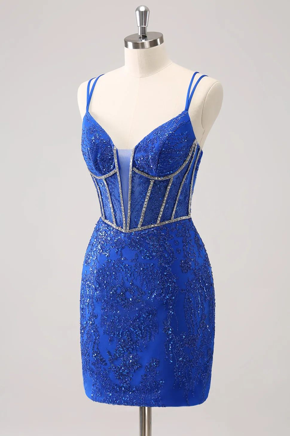 Brilhante Royal Blue Spaghetti Correias Corset Tight Homecoming Dress com Sequins