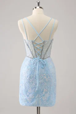 Brilhante Royal Blue Spaghetti Correias Corset Tight Homecoming Dress com Sequins