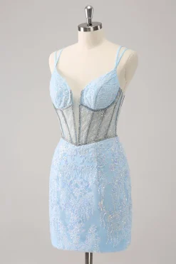 Brilhante Royal Blue Spaghetti Correias Corset Tight Homecoming Dress com Sequins