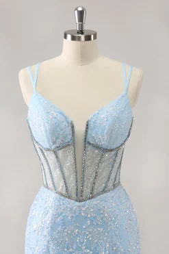Brilhante Royal Blue Spaghetti Correias Corset Tight Homecoming Dress com Sequins