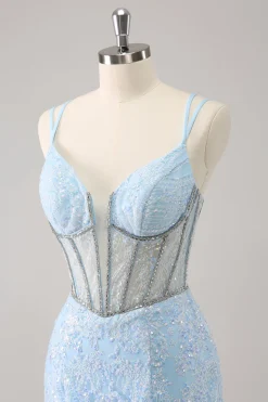 Brilhante Royal Blue Spaghetti Correias Corset Tight Homecoming Dress com Sequins