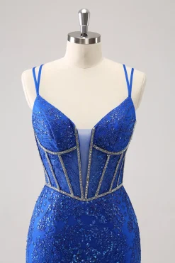 Brilhante Royal Blue Spaghetti Correias Corset Tight Homecoming Dress com Sequins