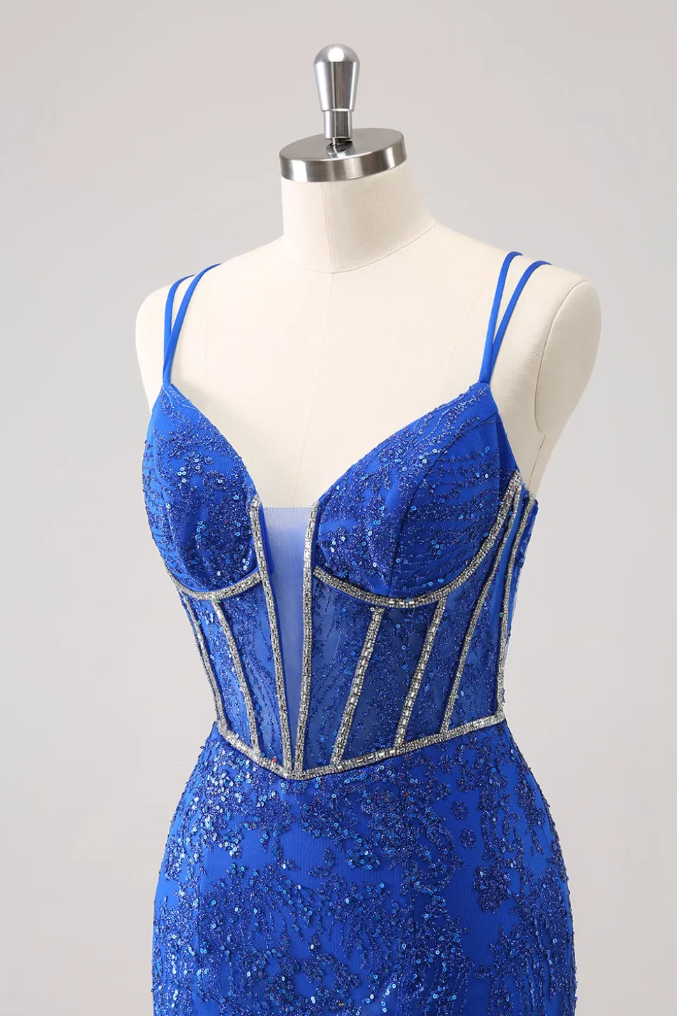 Brilhante Royal Blue Spaghetti Correias Corset Tight Homecoming Dress com Sequins