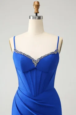 Brilhante Royal Blue Tight Corset Espaghetti Correias Homecoming Vestido