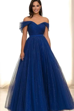 Brilhante Royal Blue Tulle Uma Linha Ruched Gala Dress