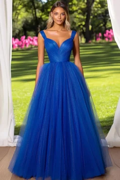 Brilhante Royal Blue V Neck Tulle Ruched Prom Dress