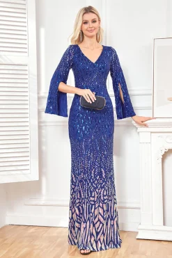 Brilhante Royal Blue V-Neck Mãe Do Vestido De Noiva Com Mangas Longas