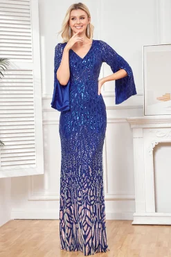 Brilhante Royal Blue V-Neck Mãe Do Vestido De Noiva Com Mangas Longas