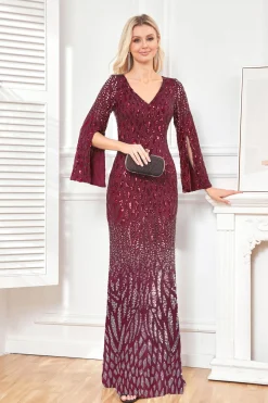 Brilhante Royal Blue V-Neck Mãe Do Vestido De Noiva Com Mangas Longas