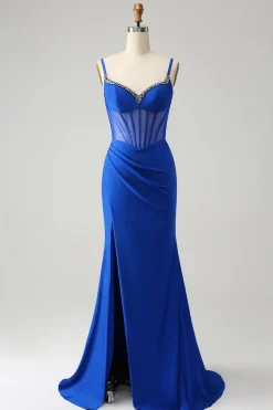 Brilhante Sereia Azul Frisada Corespartilho Vestido Longo Baile com Fenda