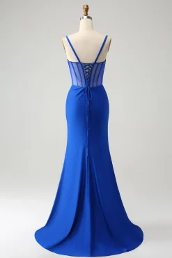 Brilhante Sereia Azul Frisada Corespartilho Vestido Longo Baile com Fenda