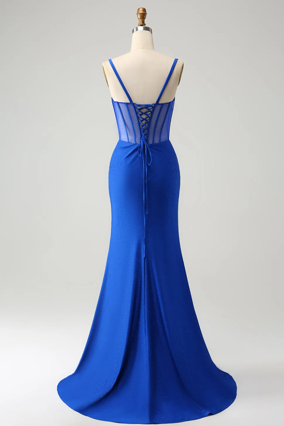 Brilhante Sereia Azul Frisada Corespartilho Vestido Longo Baile com Fenda