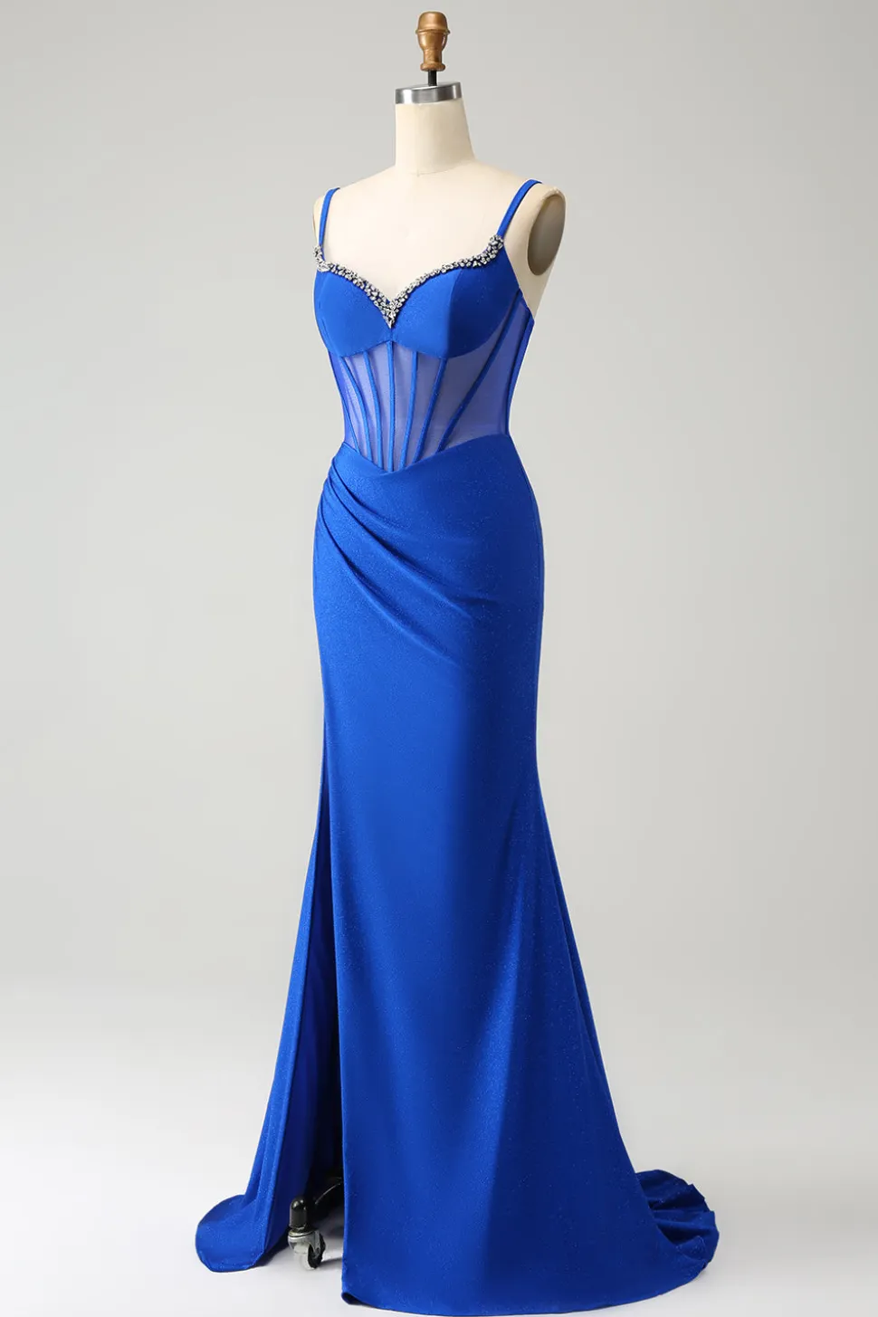 Brilhante Sereia Azul Frisada Corespartilho Vestido Longo Baile com Fenda