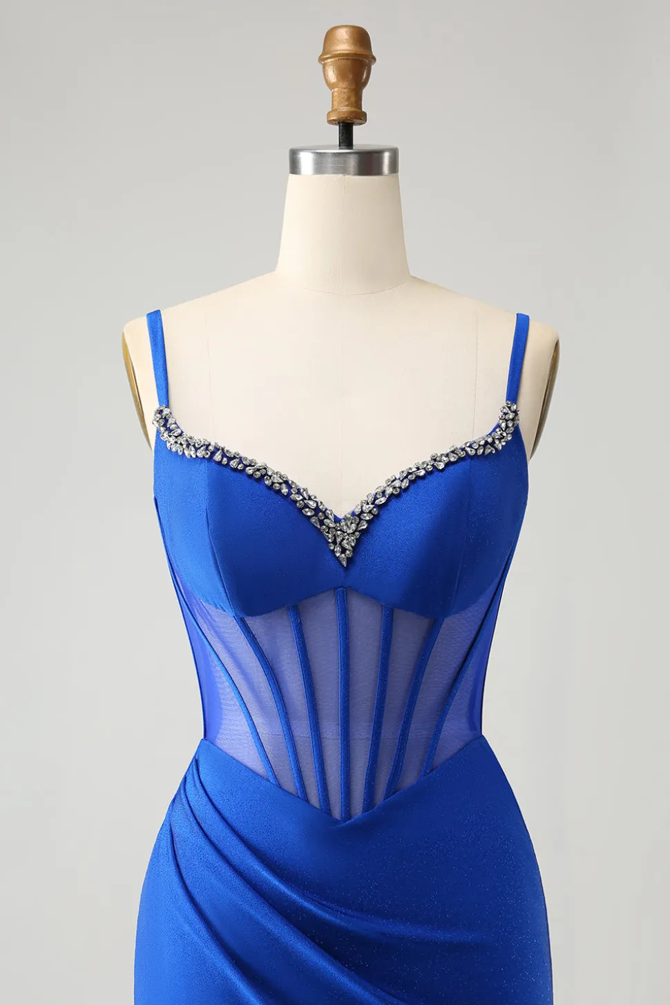 Brilhante Sereia Azul Frisada Corespartilho Vestido Longo Baile com Fenda