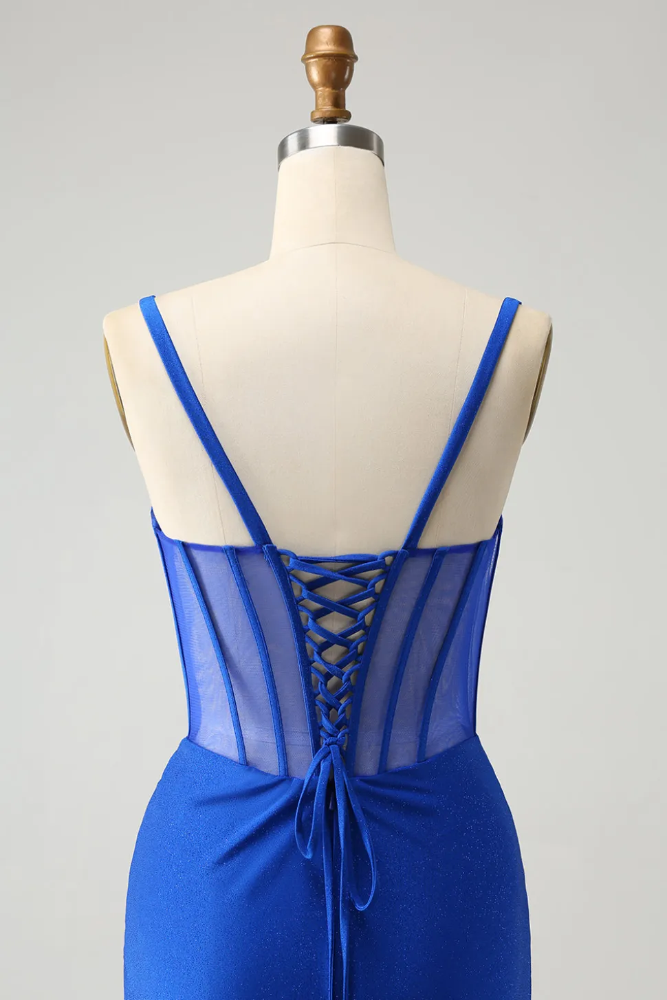 Brilhante Sereia Azul Frisada Corespartilho Vestido Longo Baile com Fenda