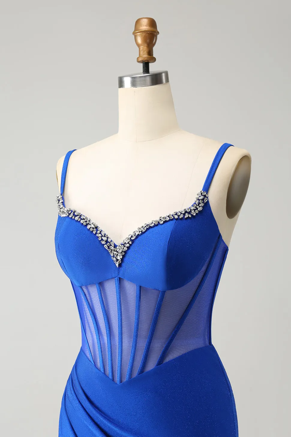 Brilhante Sereia Azul Frisada Corespartilho Vestido Longo Baile com Fenda