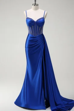 Brilhante Sereia Azul Real Corespartilho Ruched Cetim Long Prom Dress com Fenda