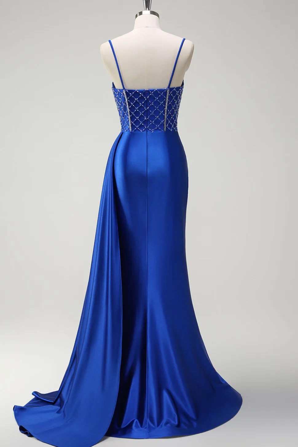 Brilhante Sereia Azul Real Corespartilho Ruched Cetim Long Prom Dress com Fenda