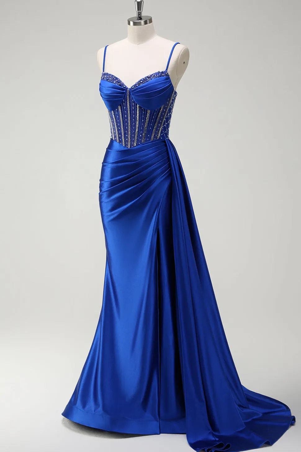 Brilhante Sereia Azul Real Corespartilho Ruched Cetim Long Prom Dress com Fenda