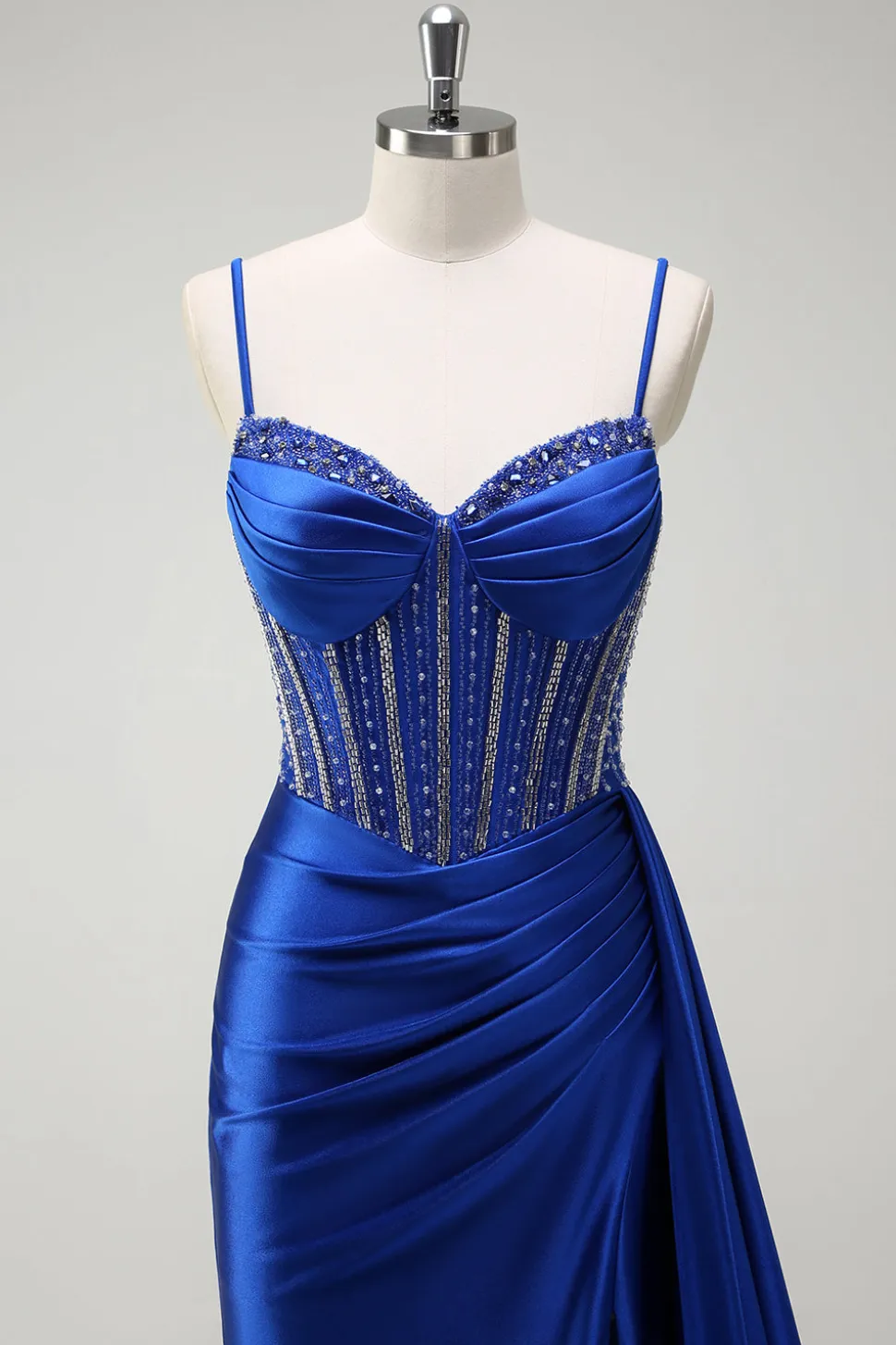 Brilhante Sereia Azul Real Corespartilho Ruched Cetim Long Prom Dress com Fenda