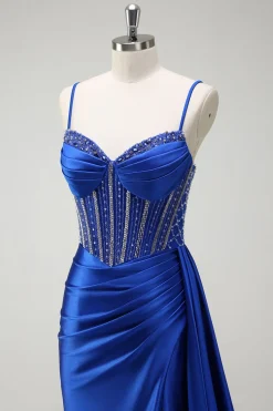 Brilhante Sereia Azul Real Corespartilho Ruched Cetim Long Prom Dress com Fenda