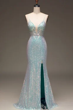 Brilhante Sereia Cinza Vestido Azul Baile de Formatura com Fenda