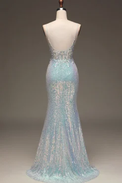 Brilhante Sereia Cinza Vestido Azul Baile de Formatura com Fenda