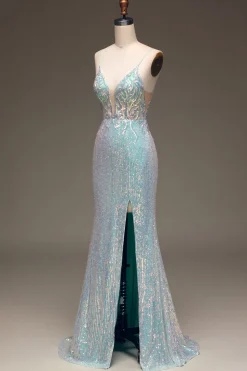 Brilhante Sereia Cinza Vestido Azul Baile de Formatura com Fenda