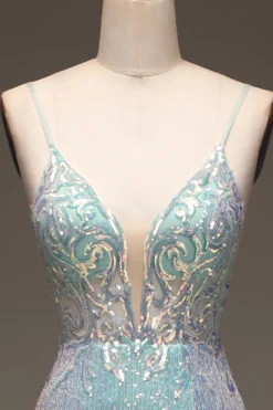 Brilhante Sereia Cinza Vestido Azul Baile de Formatura com Fenda