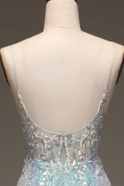 Brilhante Sereia Cinza Vestido Azul Baile de Formatura com Fenda