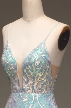 Brilhante Sereia Cinza Vestido Azul Baile de Formatura com Fenda