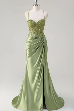 Brilhante Sereia Exército Verde Corset Lace Up Back Long Prom Dress with Slit