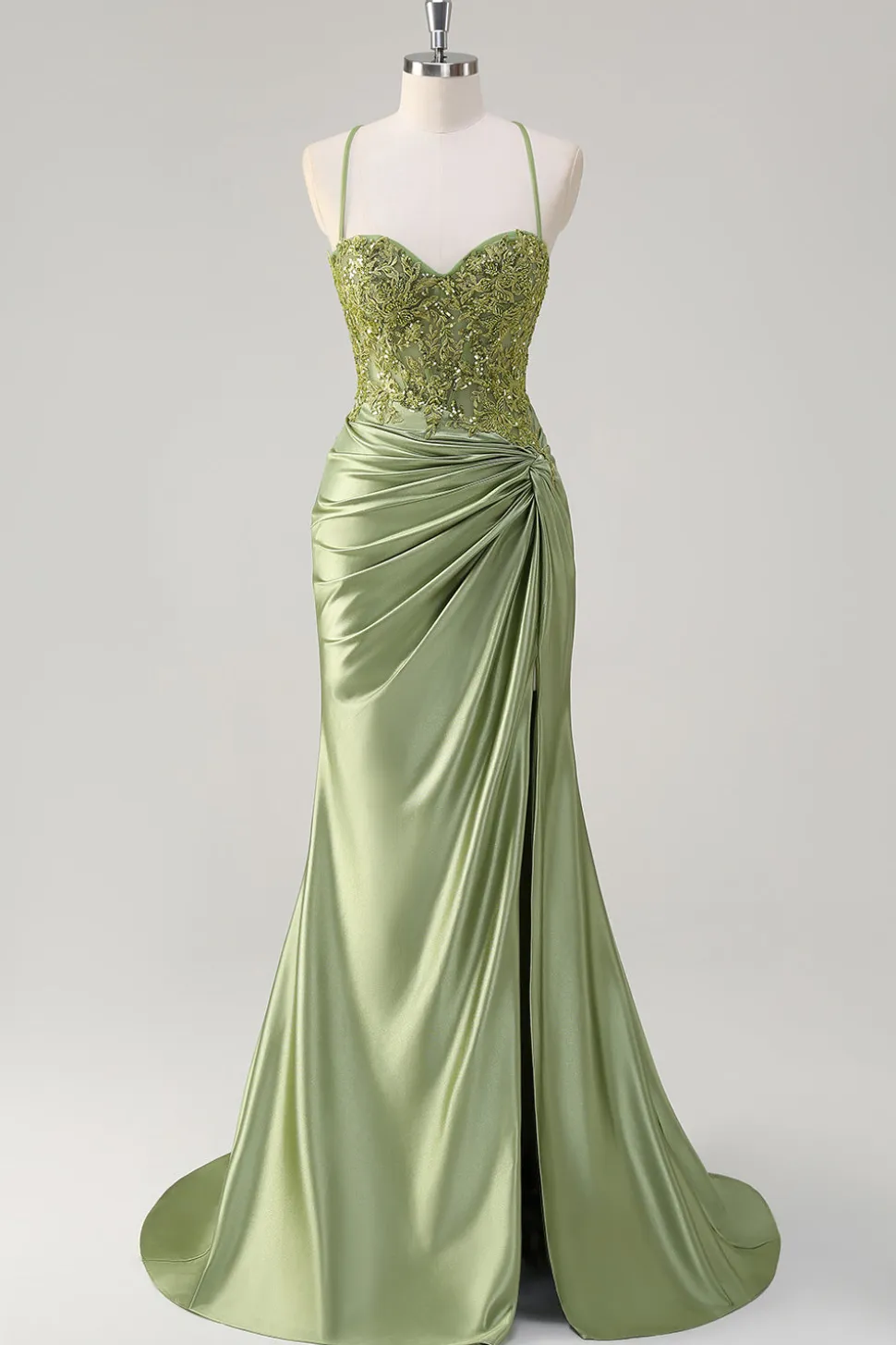 Brilhante Sereia Exército Verde Corset Lace Up Back Long Prom Dress with Slit