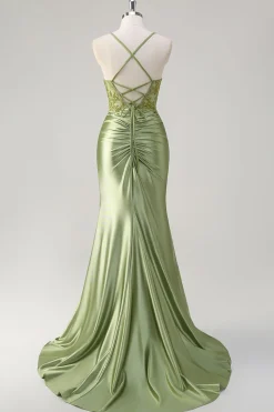 Brilhante Sereia Exército Verde Corset Lace Up Back Long Prom Dress with Slit