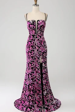 Brilhante Sereia Fuchsia Preto Vestido de Baile de Lantejoulas Com Fenda Lateral