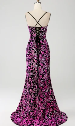 Brilhante Sereia Fuchsia Preto Vestido de Baile de Lantejoulas Com Fenda Lateral