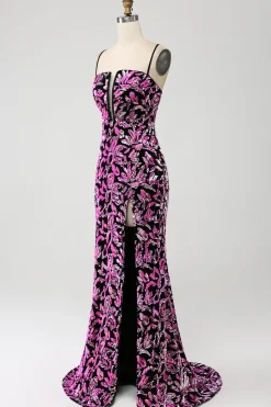 Brilhante Sereia Fuchsia Preto Vestido de Baile de Lantejoulas Com Fenda Lateral