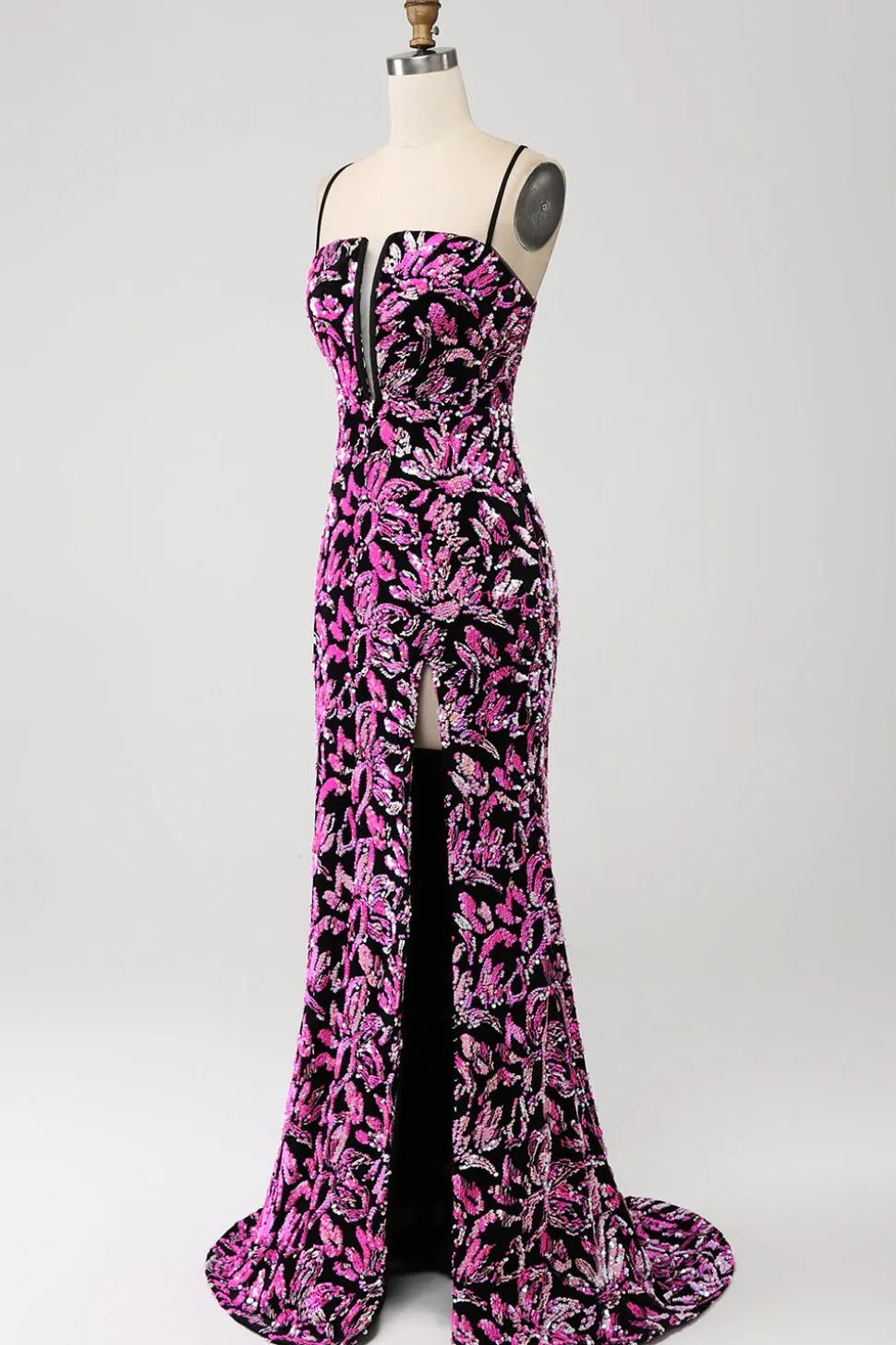 Brilhante Sereia Fuchsia Preto Vestido de Baile de Lantejoulas Com Fenda Lateral