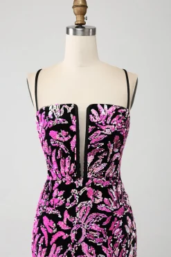 Brilhante Sereia Fuchsia Preto Vestido de Baile de Lantejoulas Com Fenda Lateral