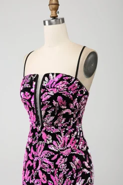 Brilhante Sereia Fuchsia Preto Vestido de Baile de Lantejoulas Com Fenda Lateral