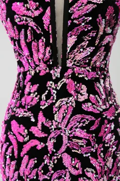 Brilhante Sereia Fuchsia Preto Vestido de Baile de Lantejoulas Com Fenda Lateral