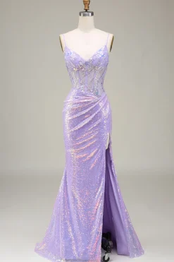 Brilhante Sereia LighT Purple Corset Prom Dress com Fenda