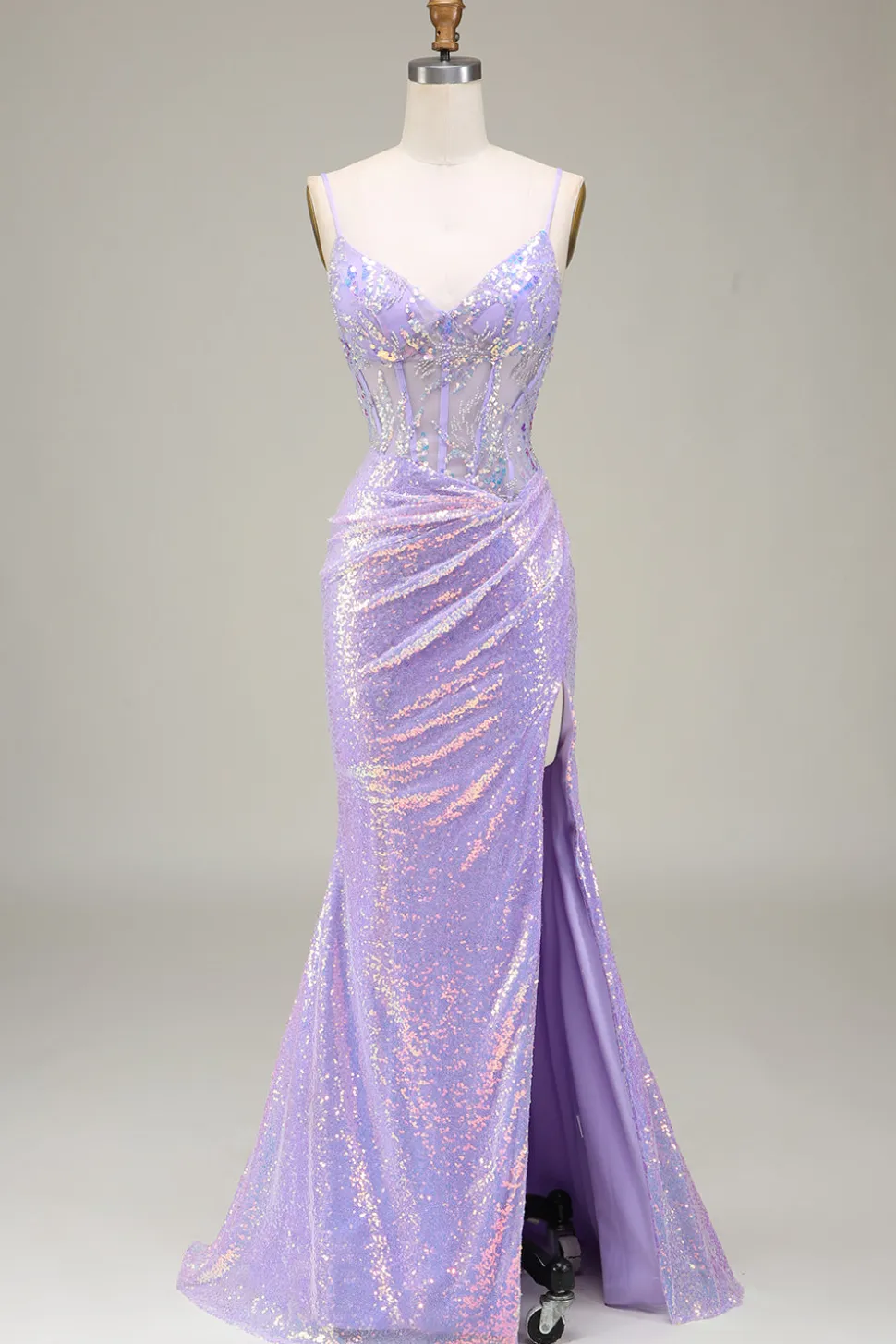 Brilhante Sereia LighT Purple Corset Prom Dress com Fenda