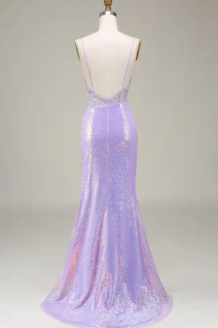 Brilhante Sereia LighT Purple Corset Prom Dress com Fenda