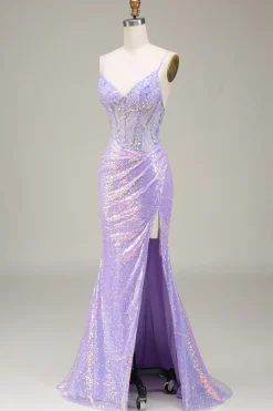 Brilhante Sereia LighT Purple Corset Prom Dress com Fenda