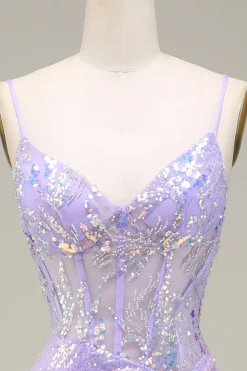 Brilhante Sereia LighT Purple Corset Prom Dress com Fenda