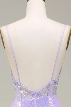 Brilhante Sereia LighT Purple Corset Prom Dress com Fenda