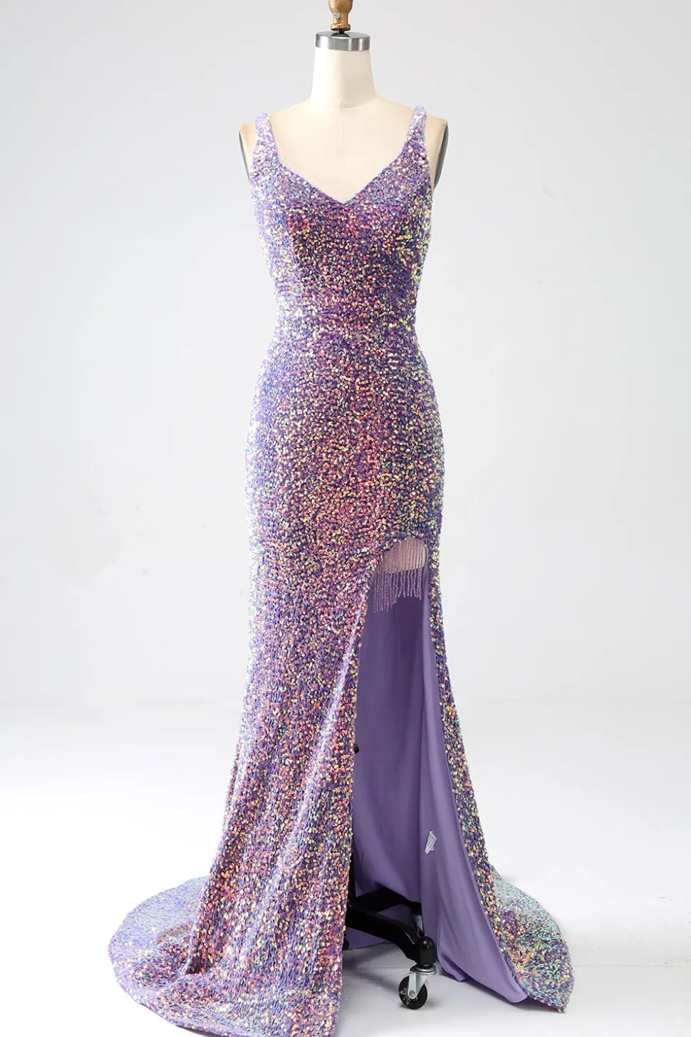 Brilhante Sereia Luz Roxo Sequins Prom Dress com Fenda